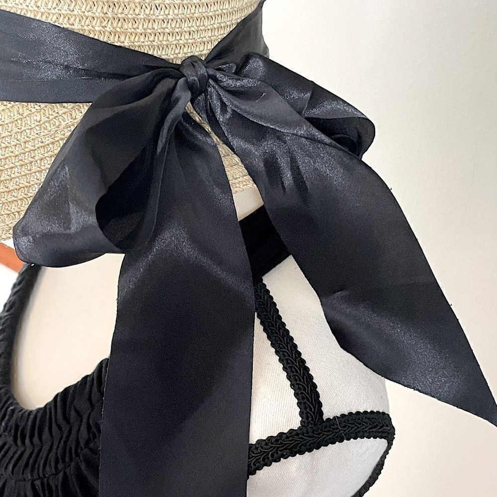 NWOT! Tan Floppy Hat With Black Bow. Size Measurements in description. - Picture 2 of 6